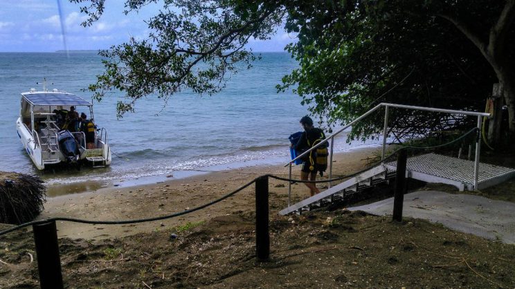 L'accès est sécurisé. Un passage, sur le tapis gris, est prévu pour descendre les kayaks.