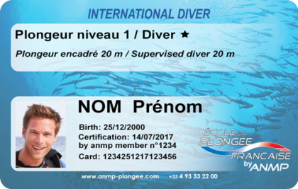 Carte de brevet Niveau 1 de plongée sous-marine